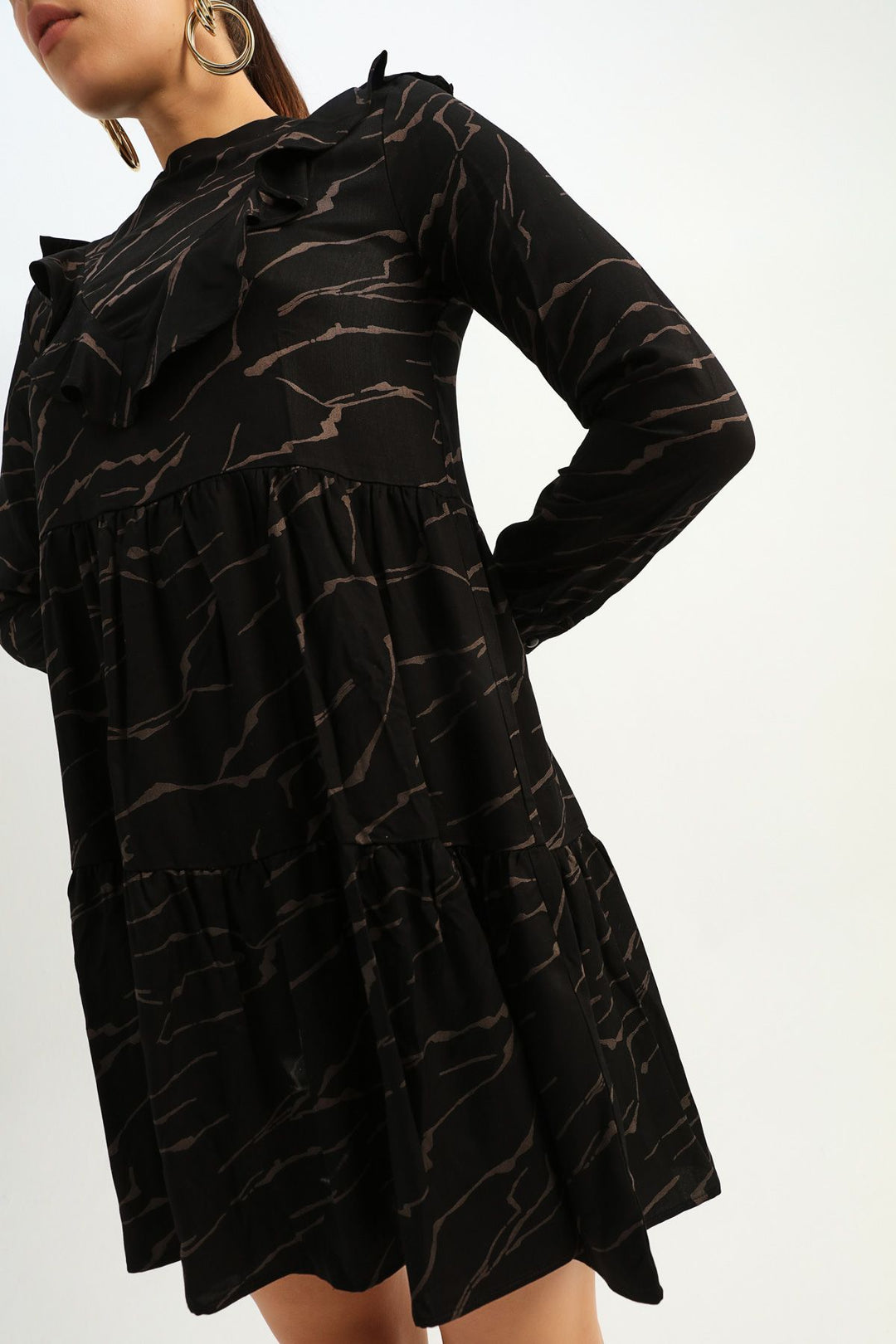 Patterned Ruffle Midi Dress Black