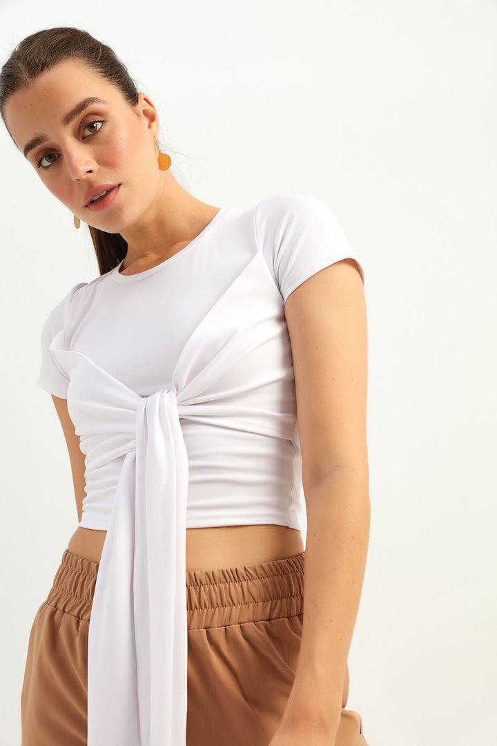 Çapraz Bağlamalı Spor Tişört Beyaz