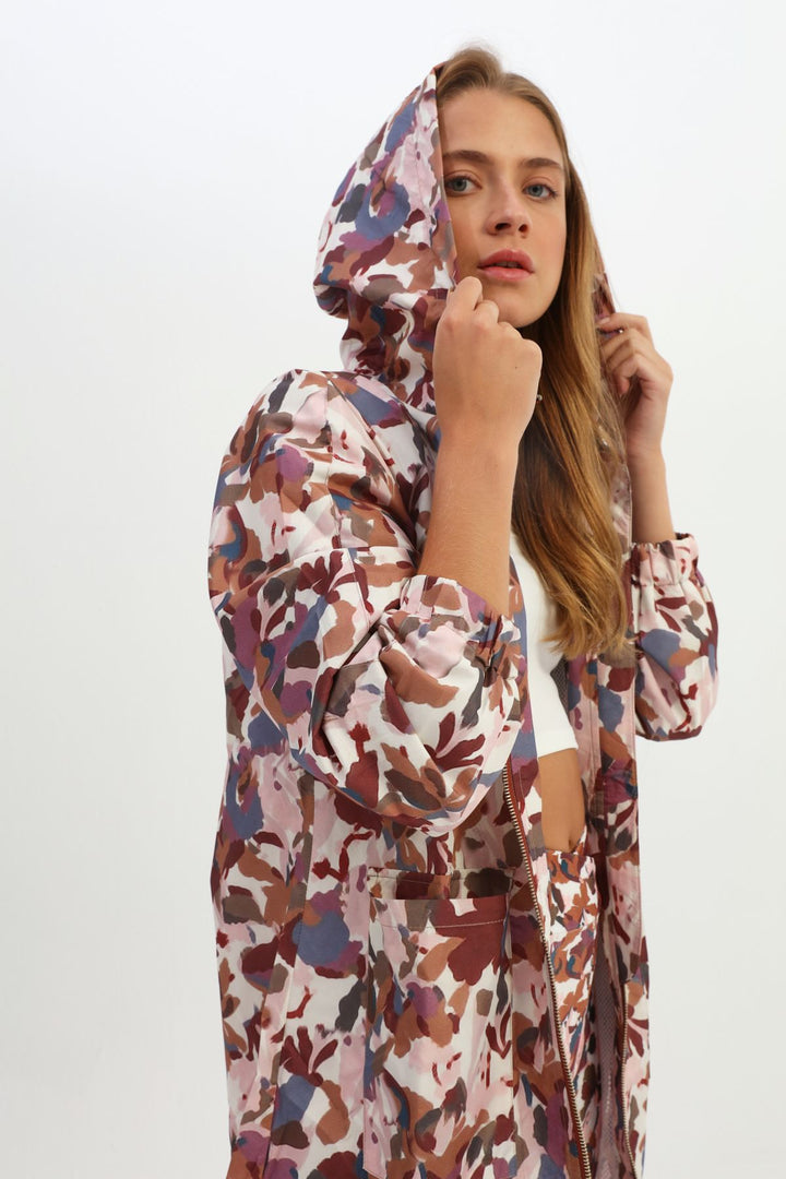 Desenli Kapüşonlu Uzun Spor Ceket Kahverengi