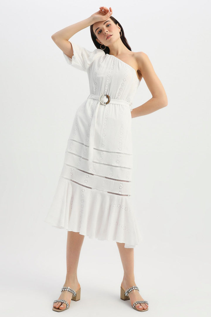 One Shoulder Belt Guipure Dress Ecru