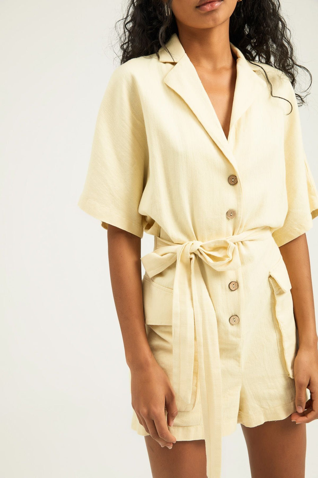 Tie Waist Short Sleeve Jumpsuit Yellow