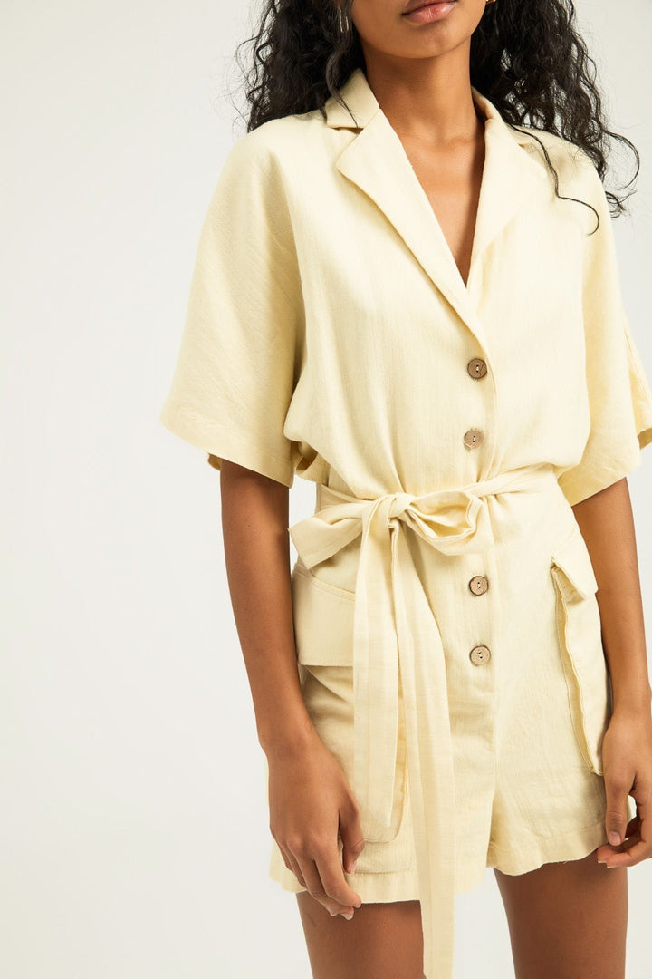 Tie Waist Short Sleeve Jumpsuit Yellow