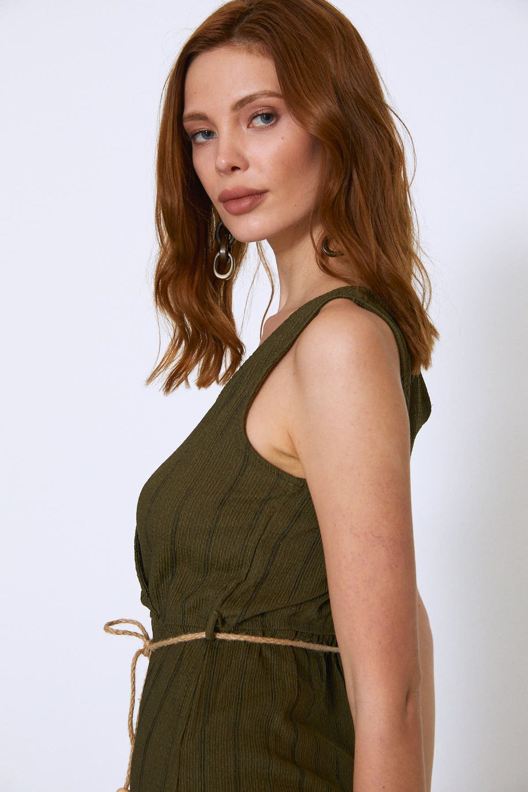 Hasır Kemerli V Yaka Tulum Haki