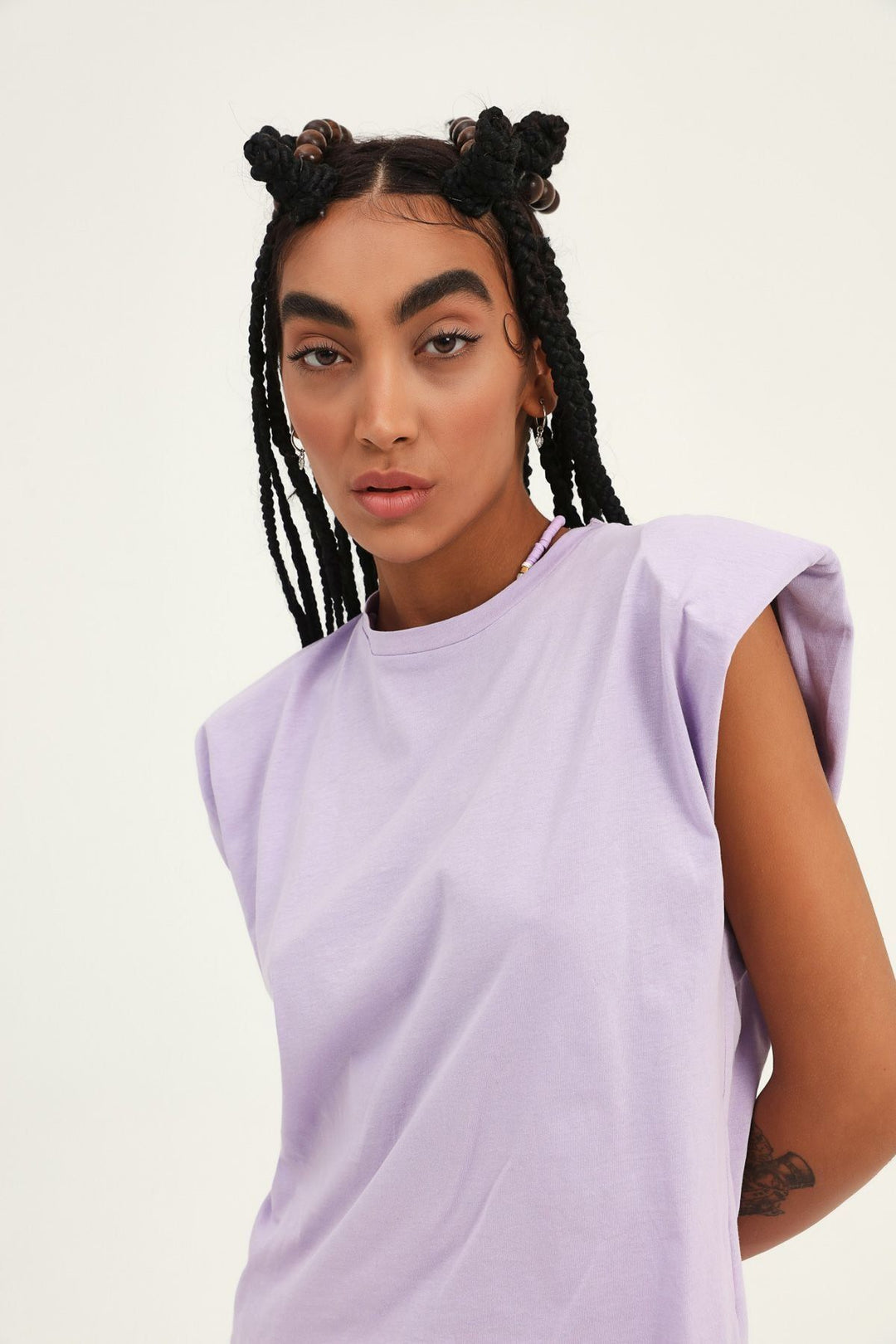 Vatkalı Kolsuz Basic Tişört Lila
