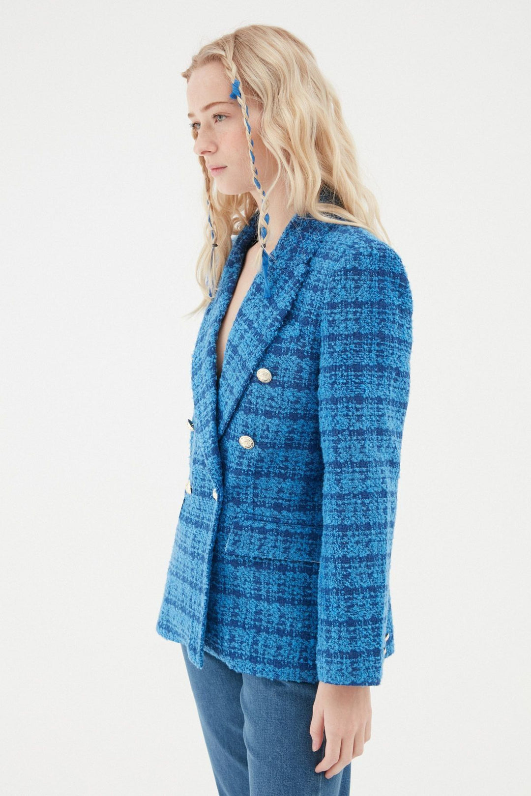 Kruvaze Tüvit Blazer Ceket Sax