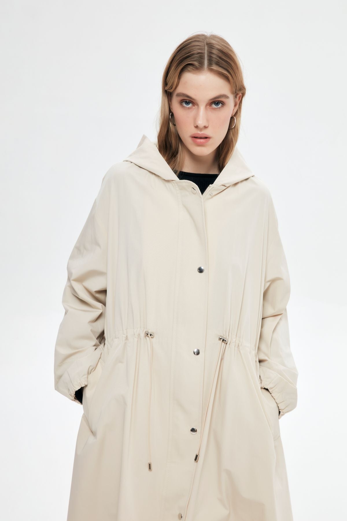 Technical Fabric Hooded Long Trench Coat Beige
