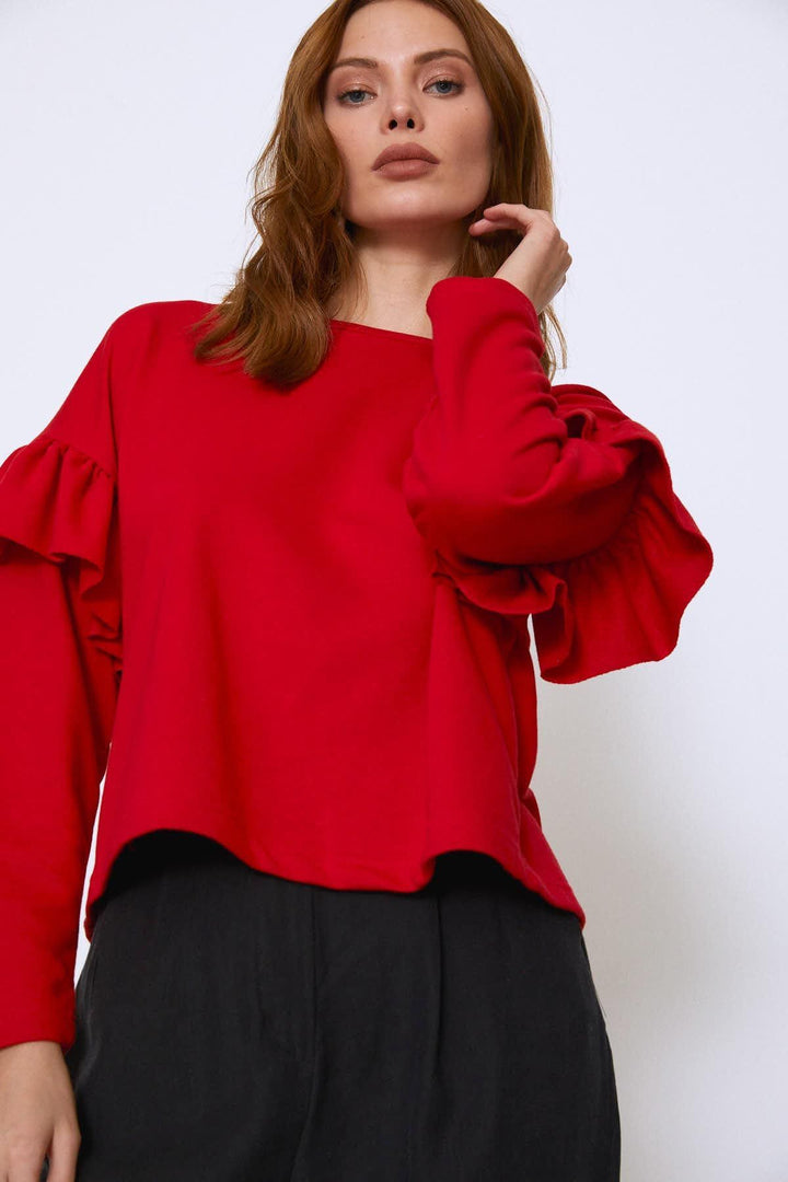 Crew Neck Sleeves Frilly Sweatshirt Red