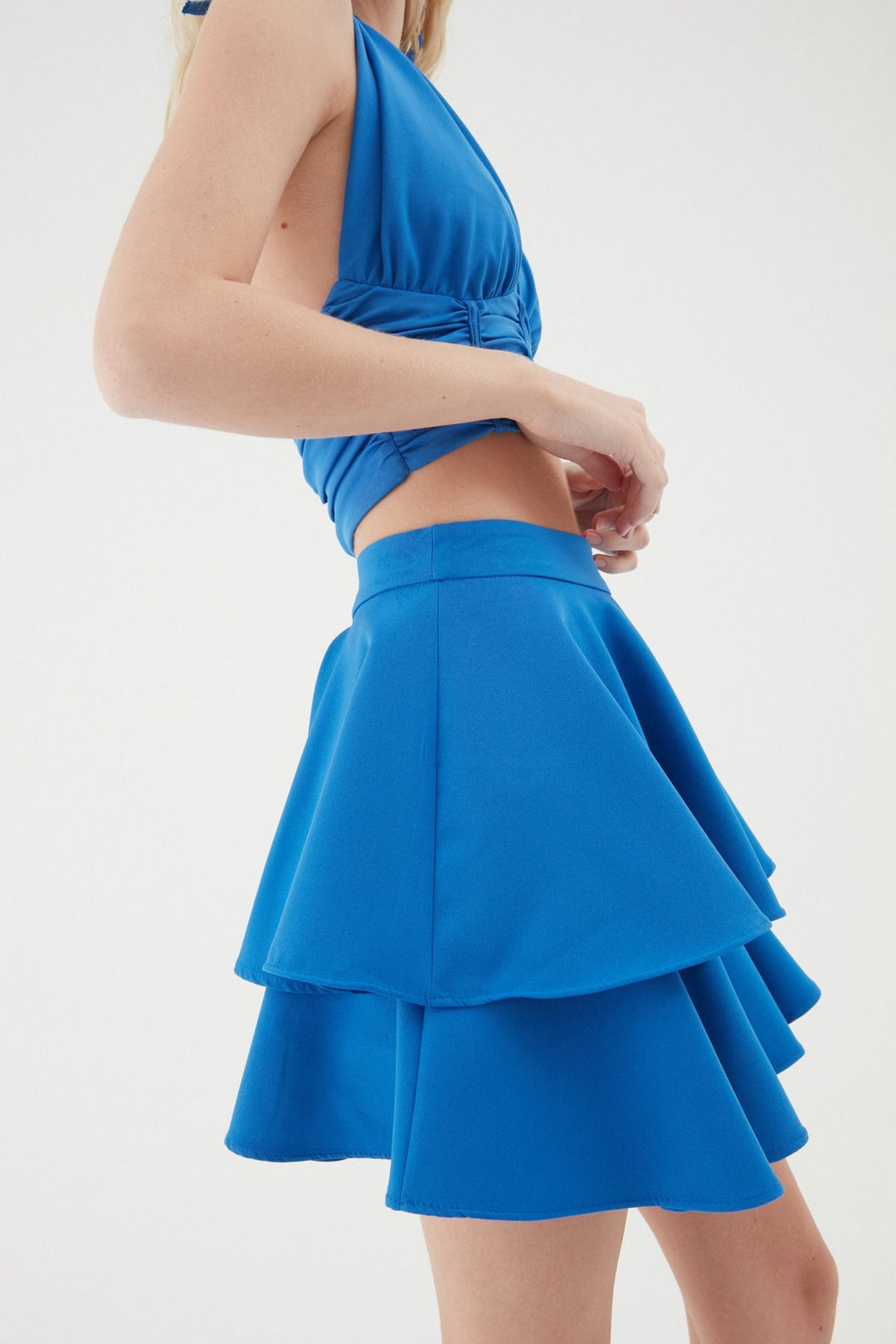 Volan Detailed Short Skirt Sax