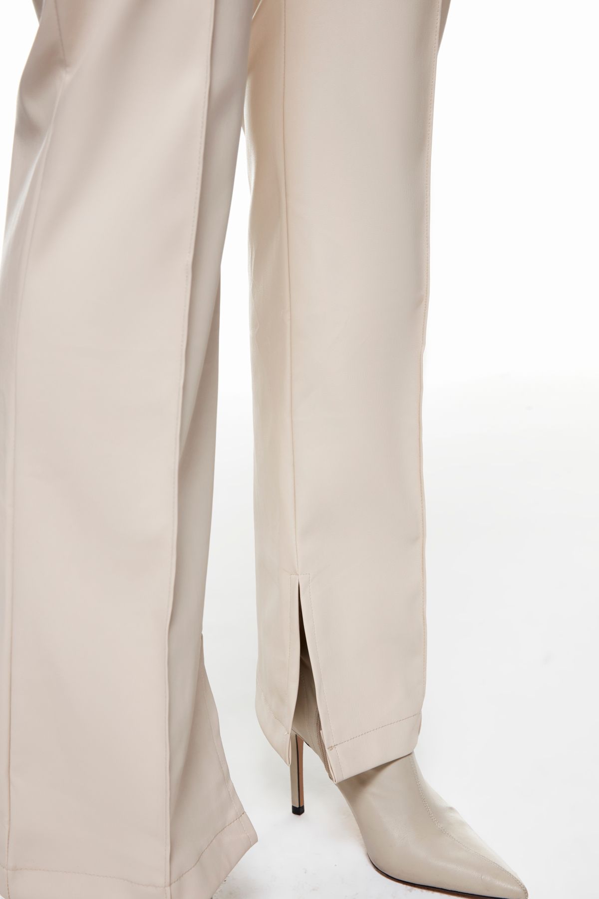 Slit High Waist Leather Trousers Stone