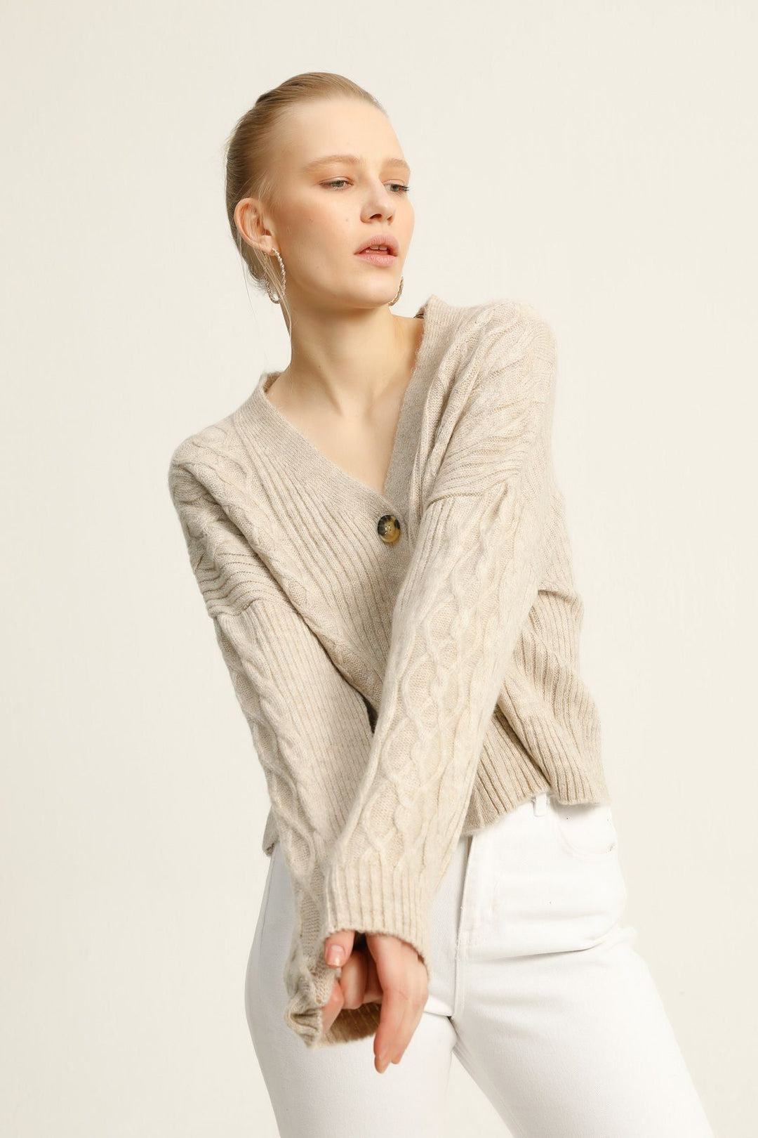 Baklava Desen Düğmeli Hırka Taş