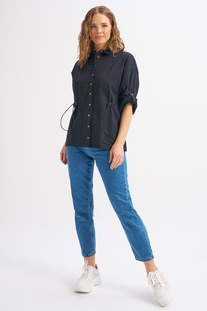 Beli Büzgülü Gömlek Siyah
