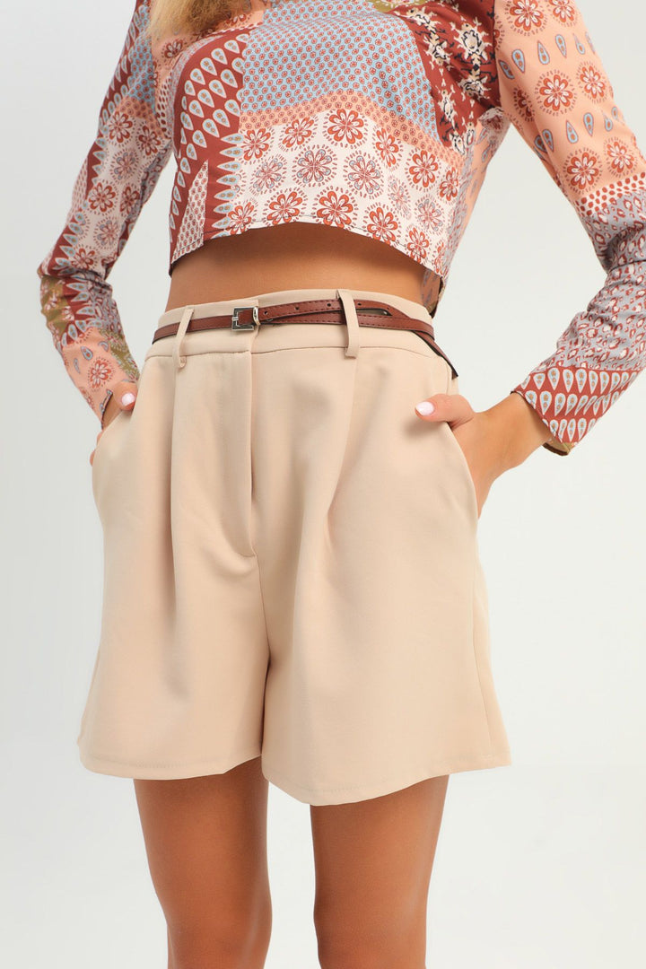 Belted High Waist Shorts Beige