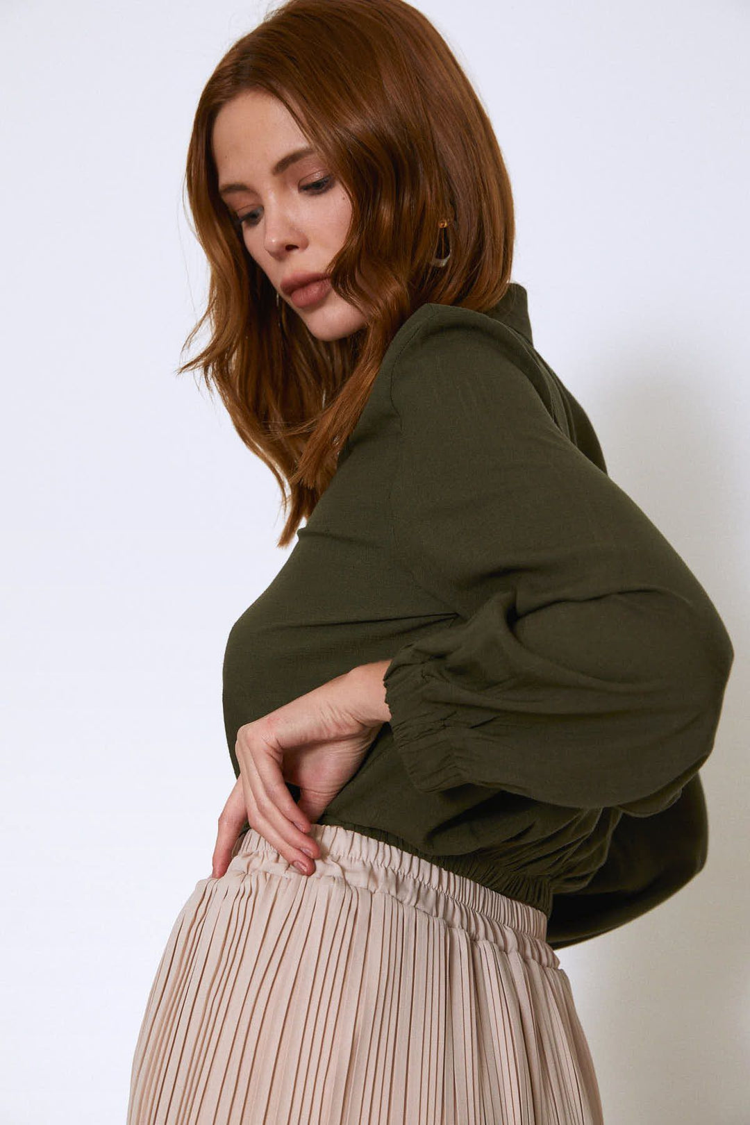 Lastikli Kol Beli Düğümlü Gömlek Haki