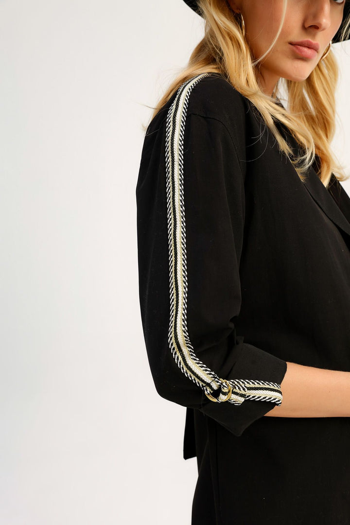 Kuşaklı Şeritli Uzun Trençkot Siyah