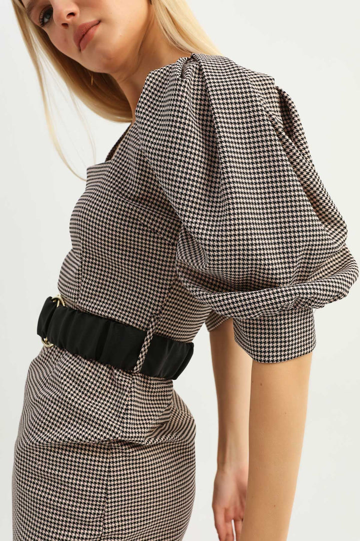 Striped Belt Balloon Sleeve Dress Powder