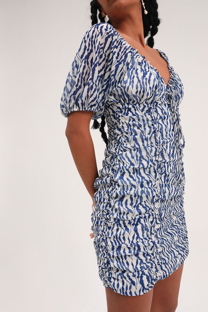 Desenli Balon Kol V Yaka Elbise İndigo