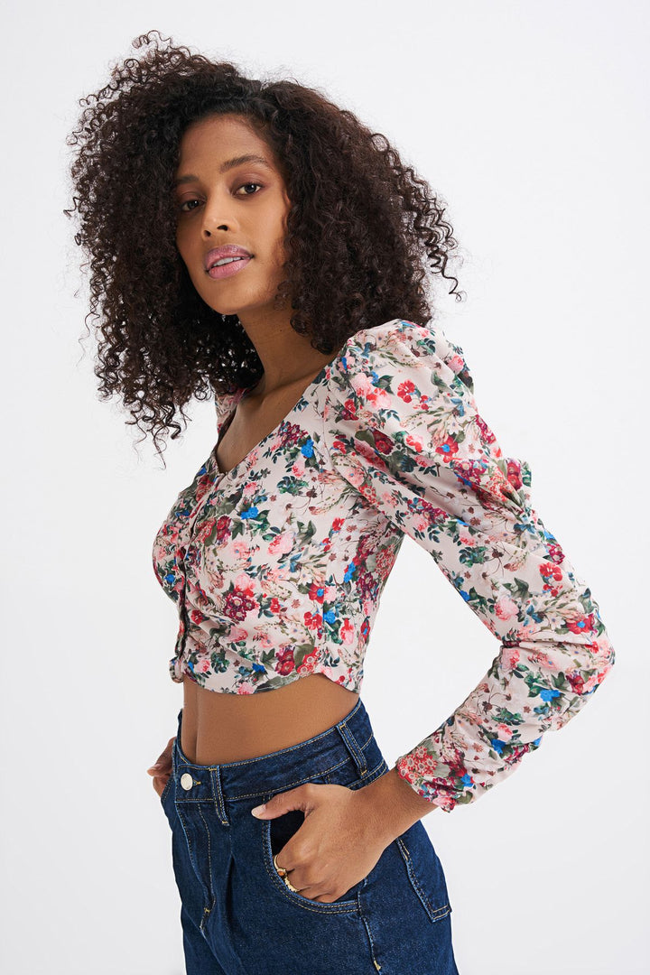 Floral Patterned Button Front Waistband Blouse Beige