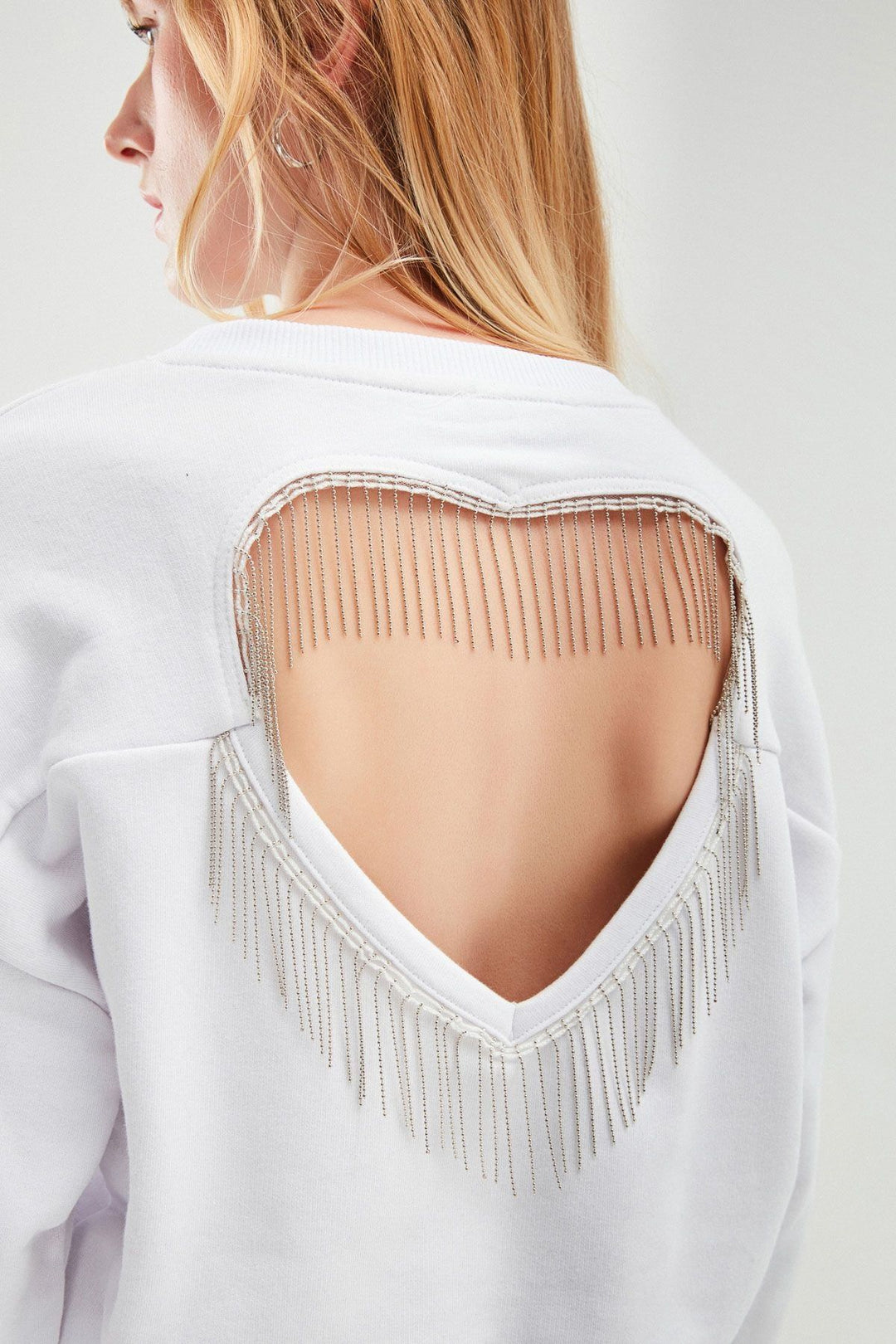 Kalp Dekolteli Sweatshirt Beyaz