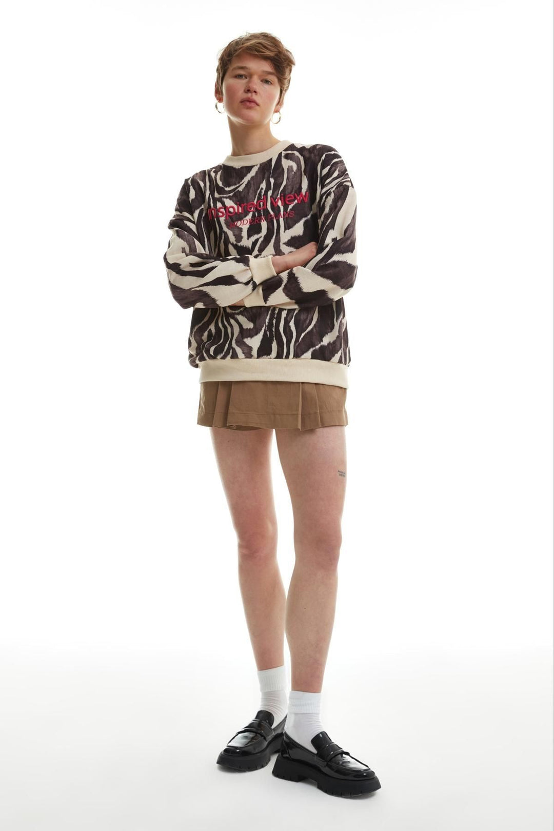 Yazı Baskılı Desenli Oversize Sweatshirt Bej