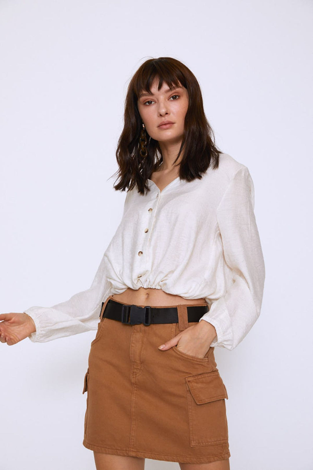 V-Neck Tie Waist Linen Shirt Ecru