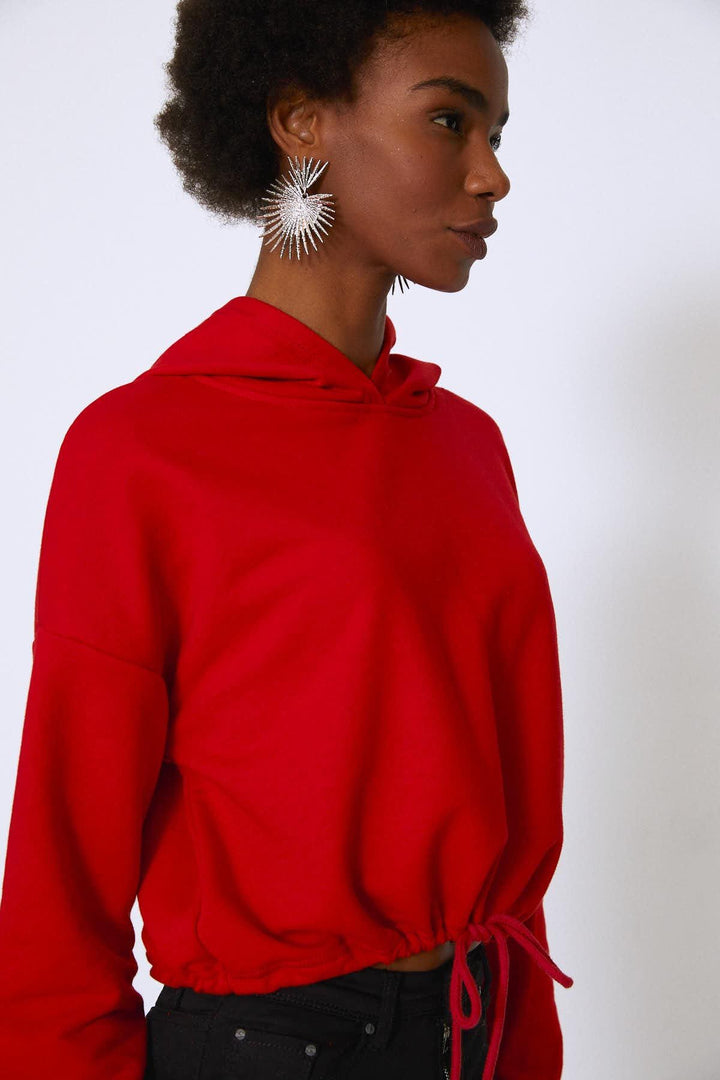 Hooded Tie Waist Sweatshirt Red