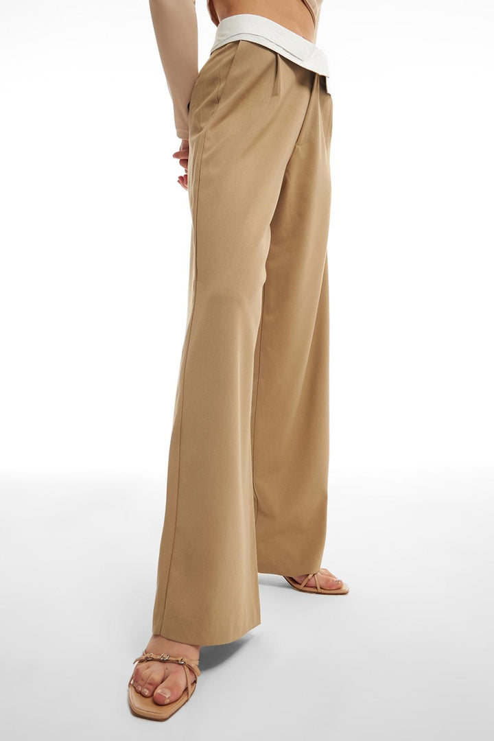 Belt Detailed Fabric Trousers Beige