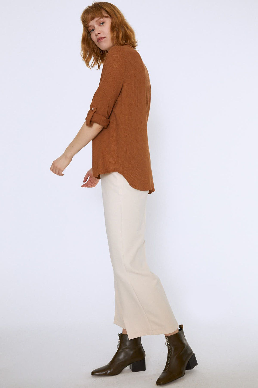 Three Quarter Sleeve Linen Shirt Brown