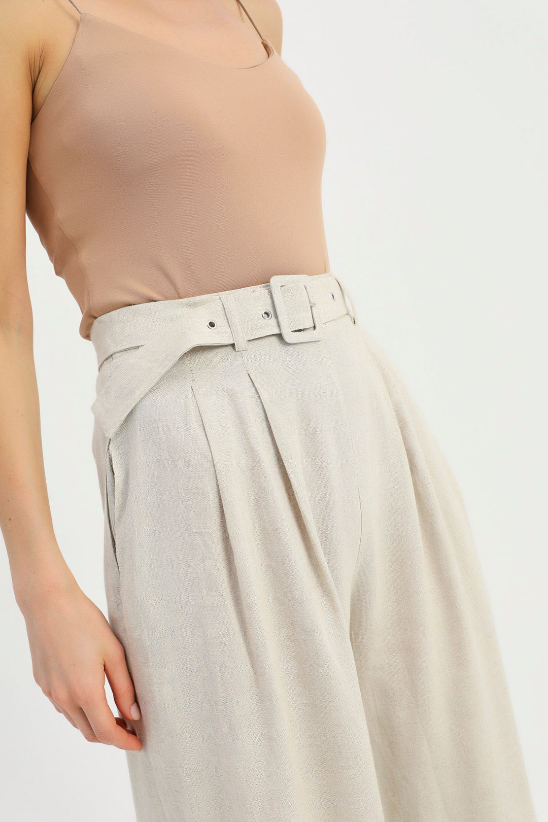 Kemerli Keten Pantolon Naturel