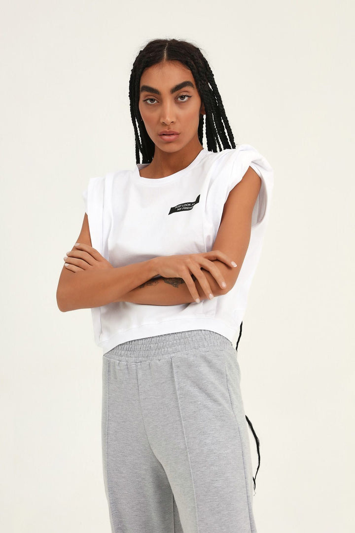 Baskılı Vatkalı Crop Tişört Beyaz