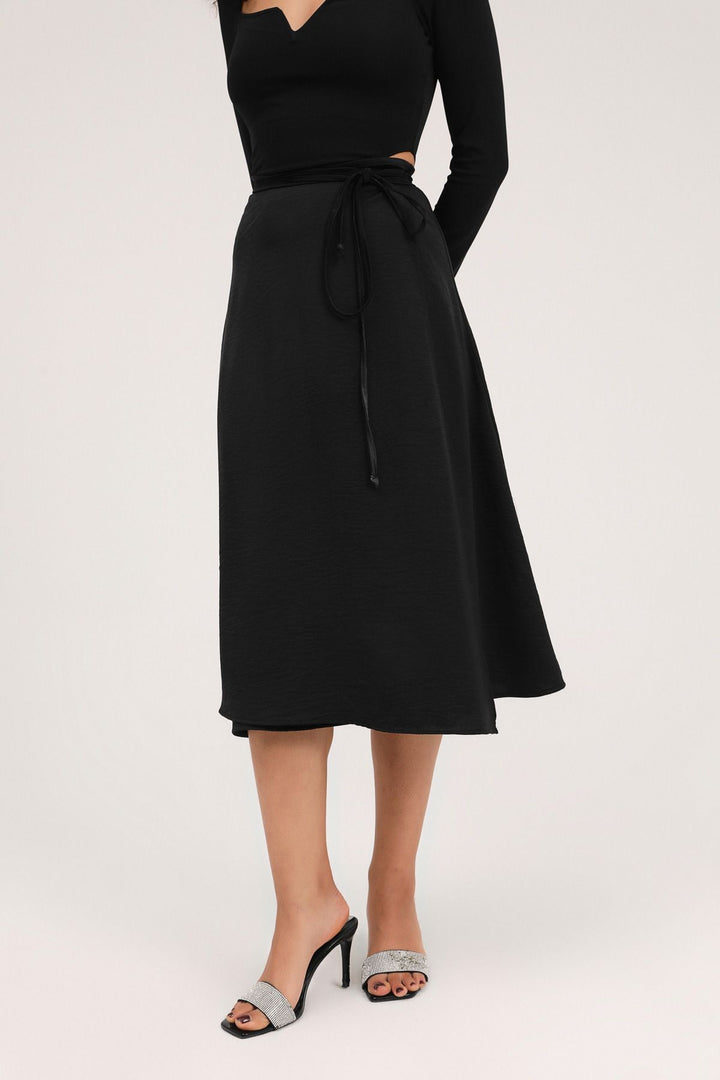 Wrapped Satin Midi Skirt Black