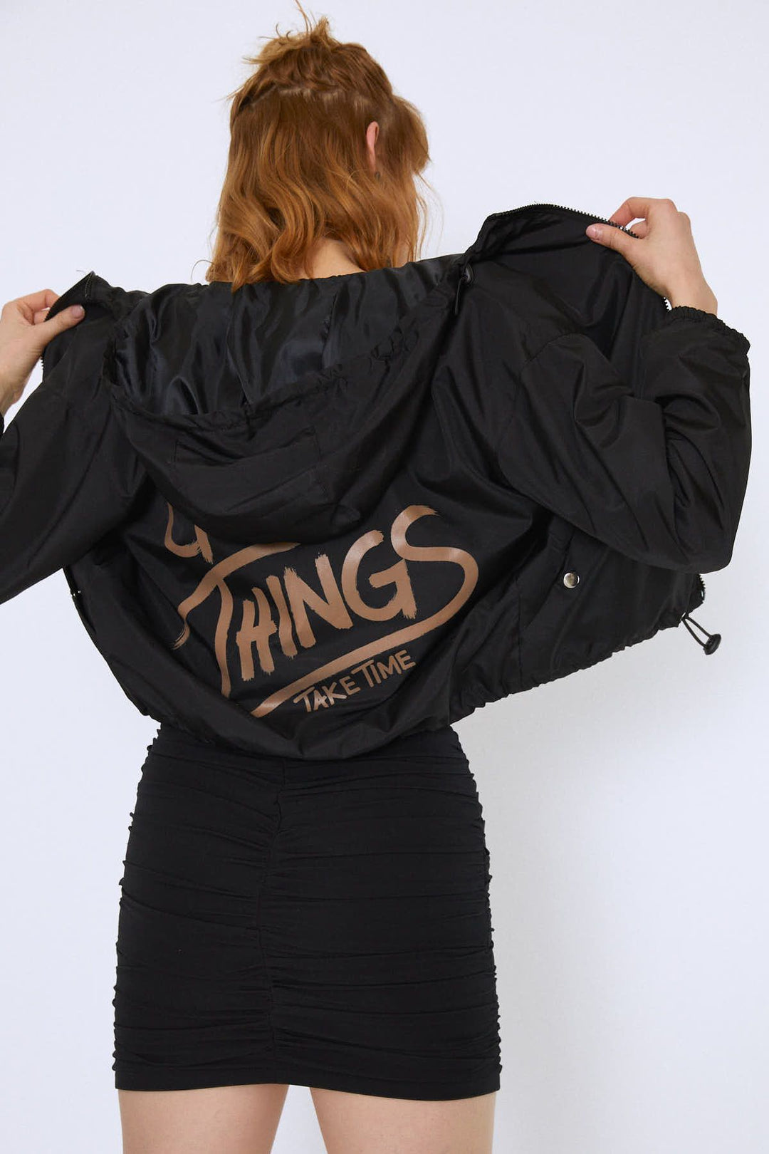 Kangaroo Pocket Printed Back Raincoat Black