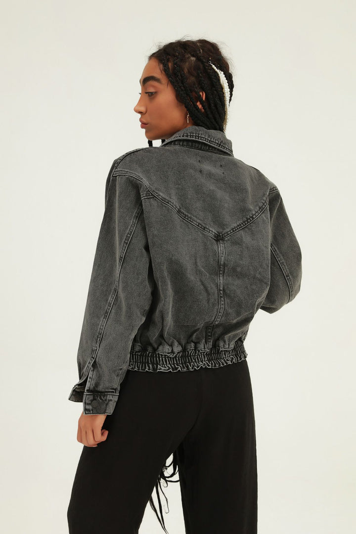 Belt Detailed Zippered Denim Jacket Gray
