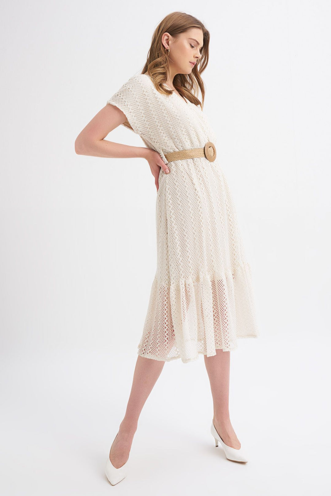 Straw Belt Double Breasted Sleeveless Dress Ecru