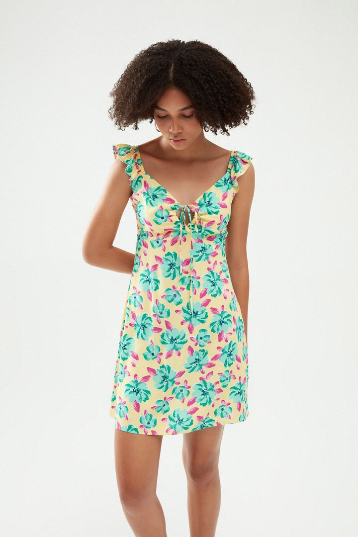 Desenli Sırt Dekolteli Mini Elbise Sarı