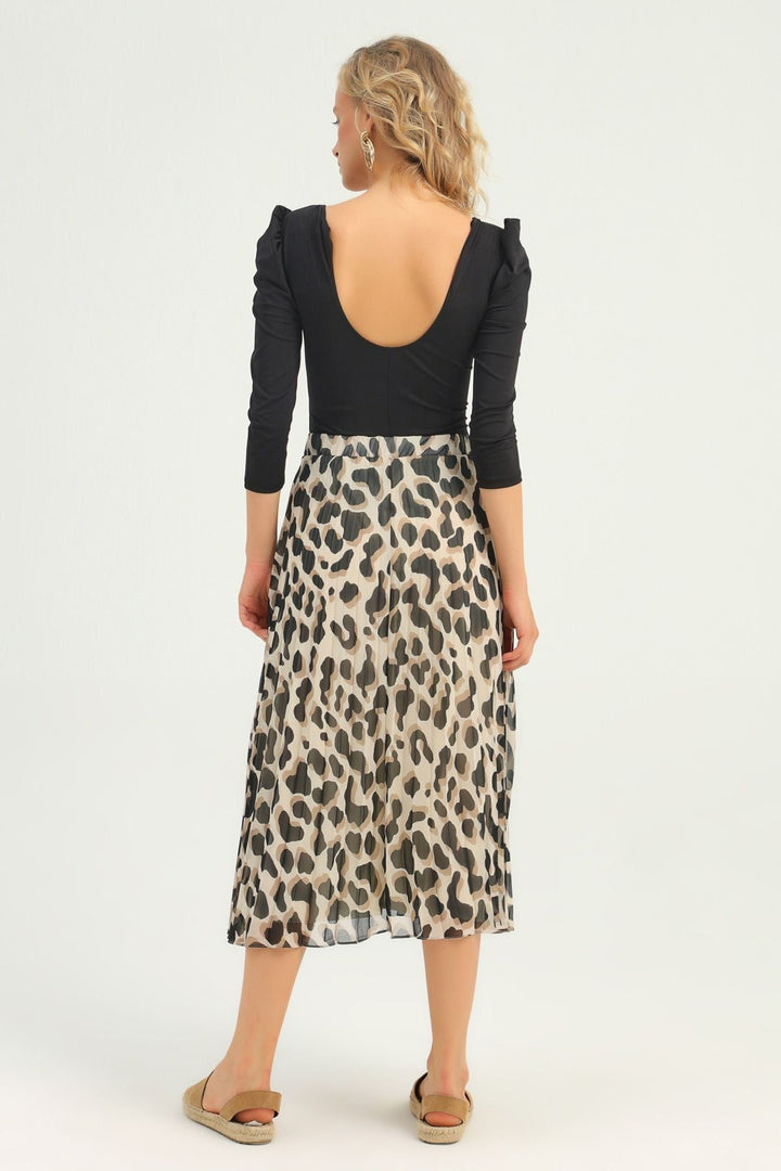 Desenli Piliseli Midi Etek Kahverengi