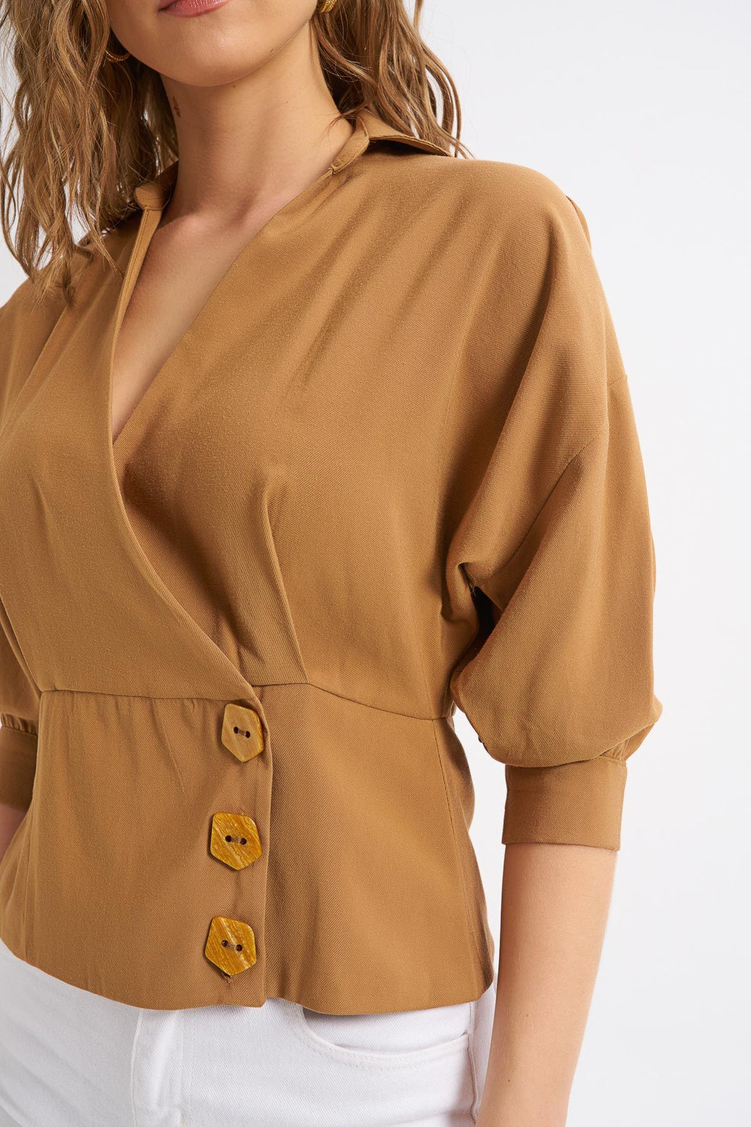 Button Detailed Double Breasted Shirt Camel