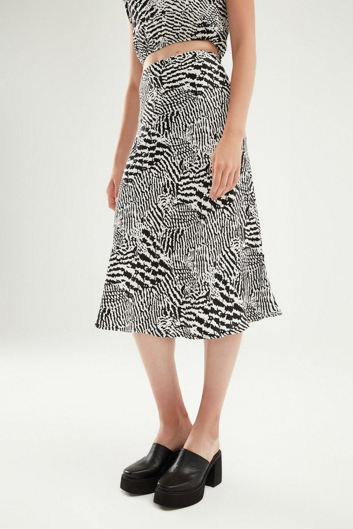 Zebra Satin Midi Skirt Black