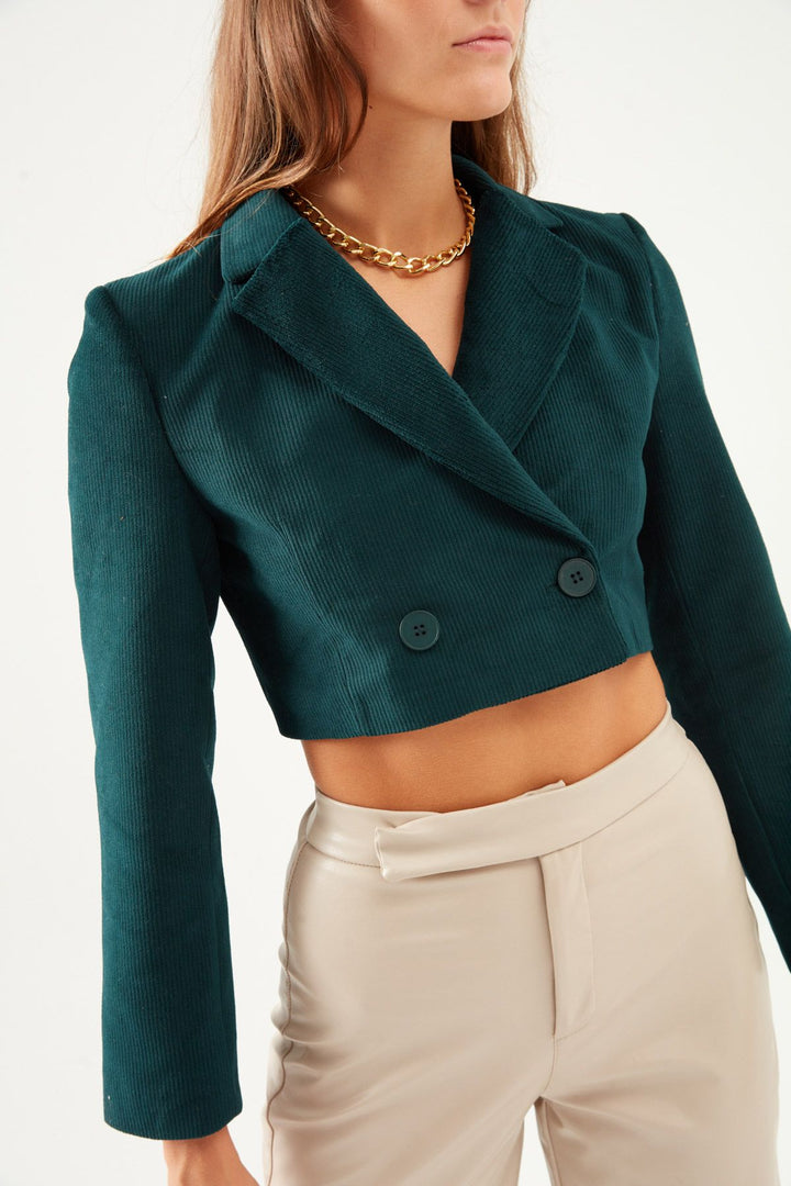 Velvet Crop Blazer Jacket Dark Green