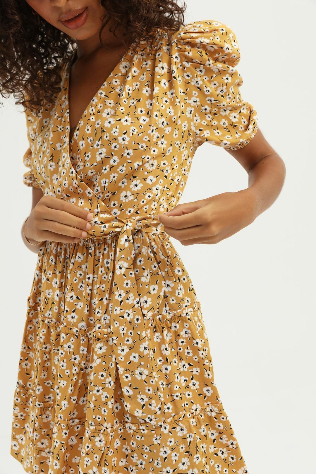Floral Waistcoat Double Breasted Dress Mustard
