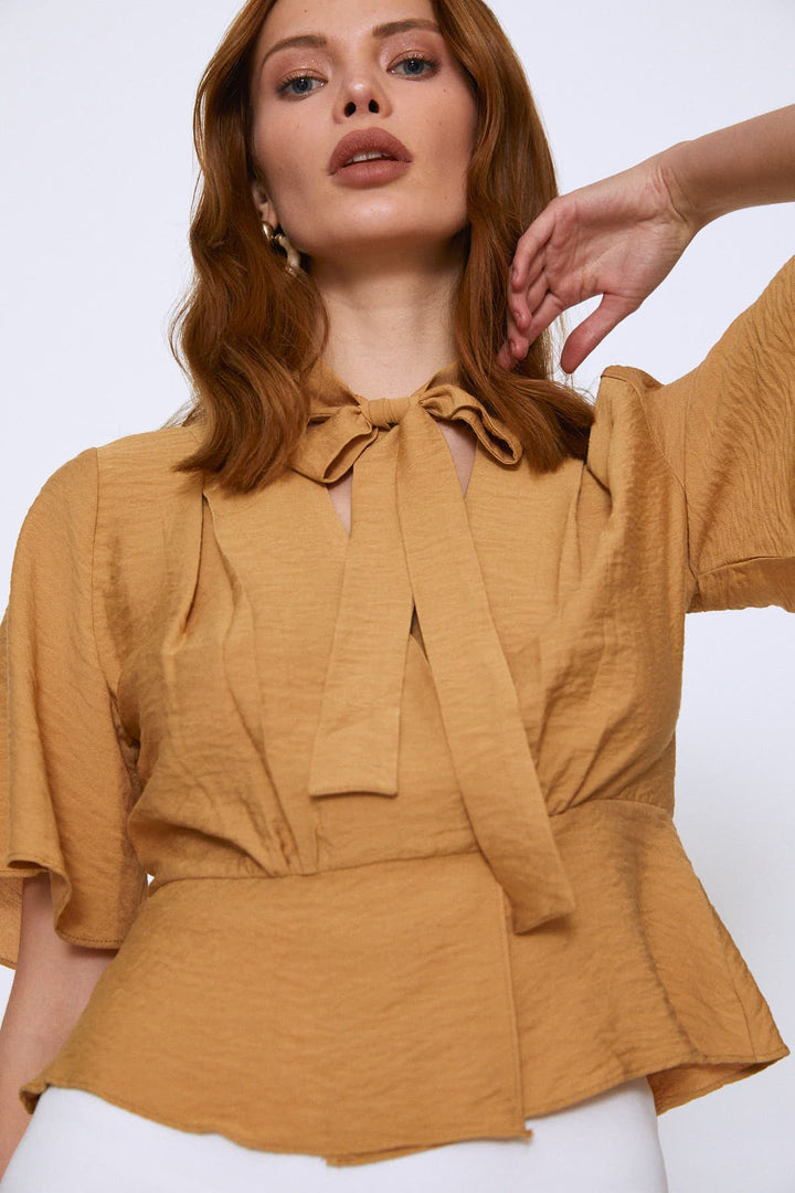V-Neck Tie Blouse Camel