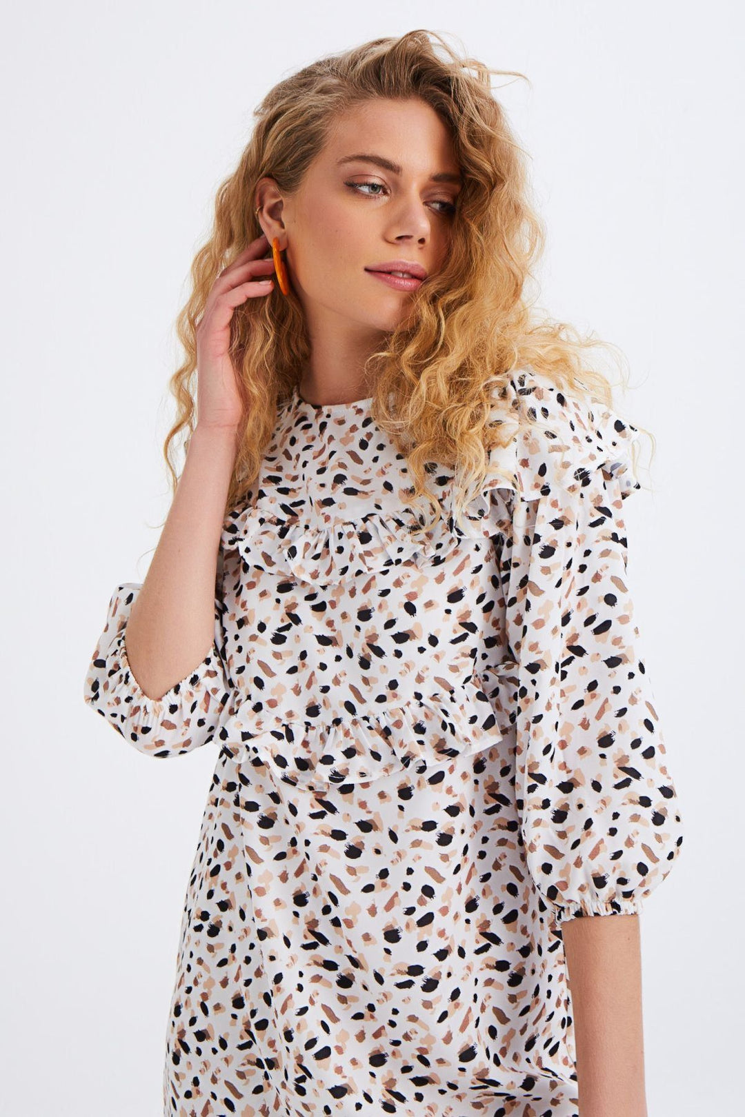 Patterned Ruffle Detailed Dress Ecru