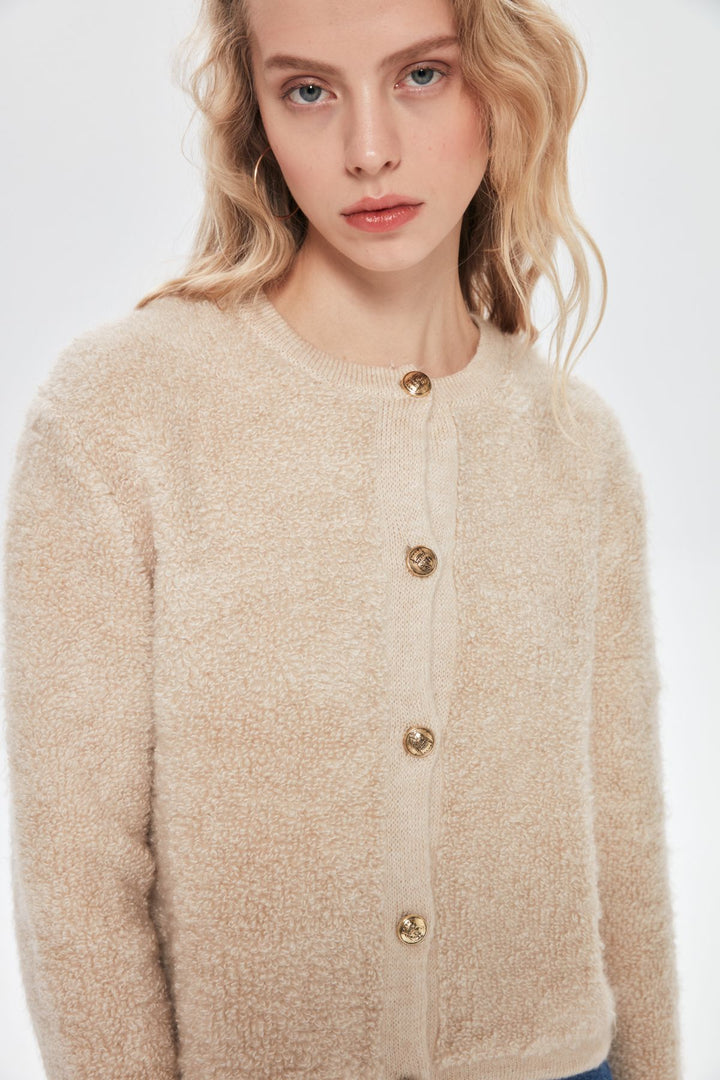 Peluş Gold Düğmeli Hırka Taş