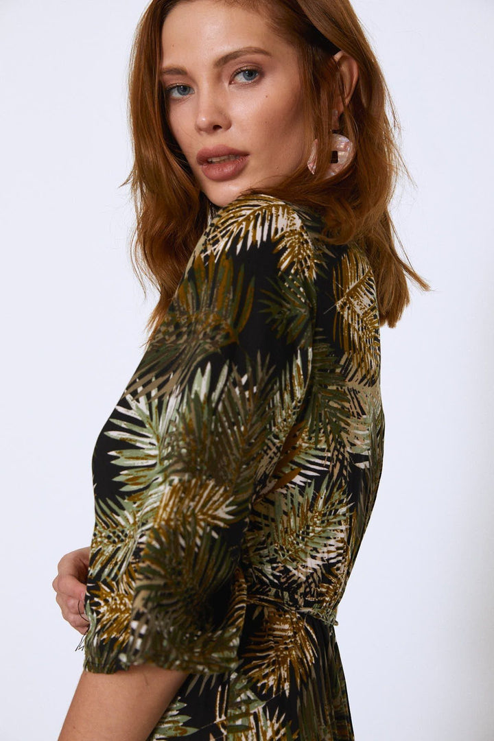 Palmiye Desenli V Yaka Elbise Haki