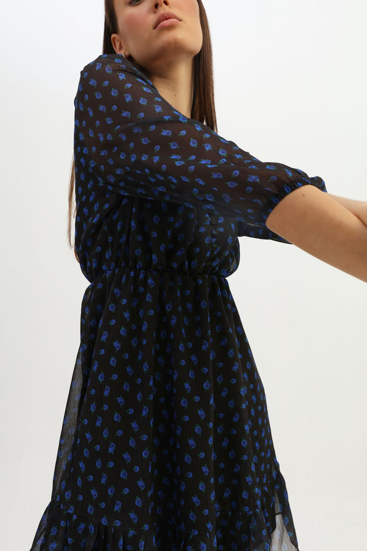 Patterned V Neck Midi Dress Sax