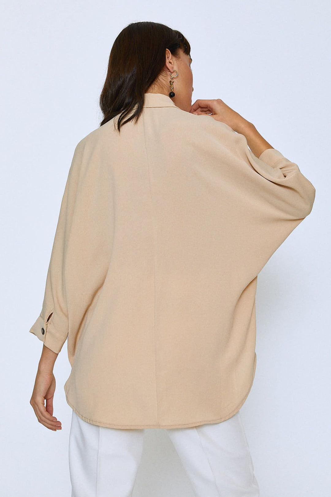 Uzun Oversize Cepli Gömlek Bej