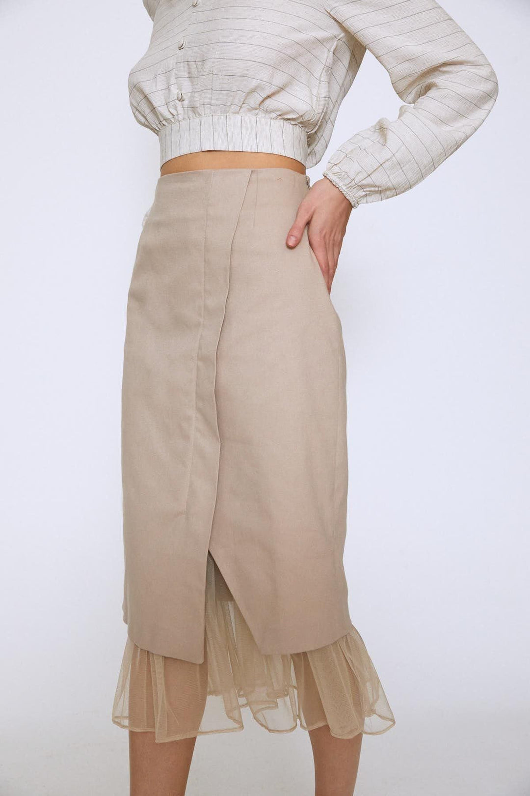 Six Tulle Midi Skirt Beige
