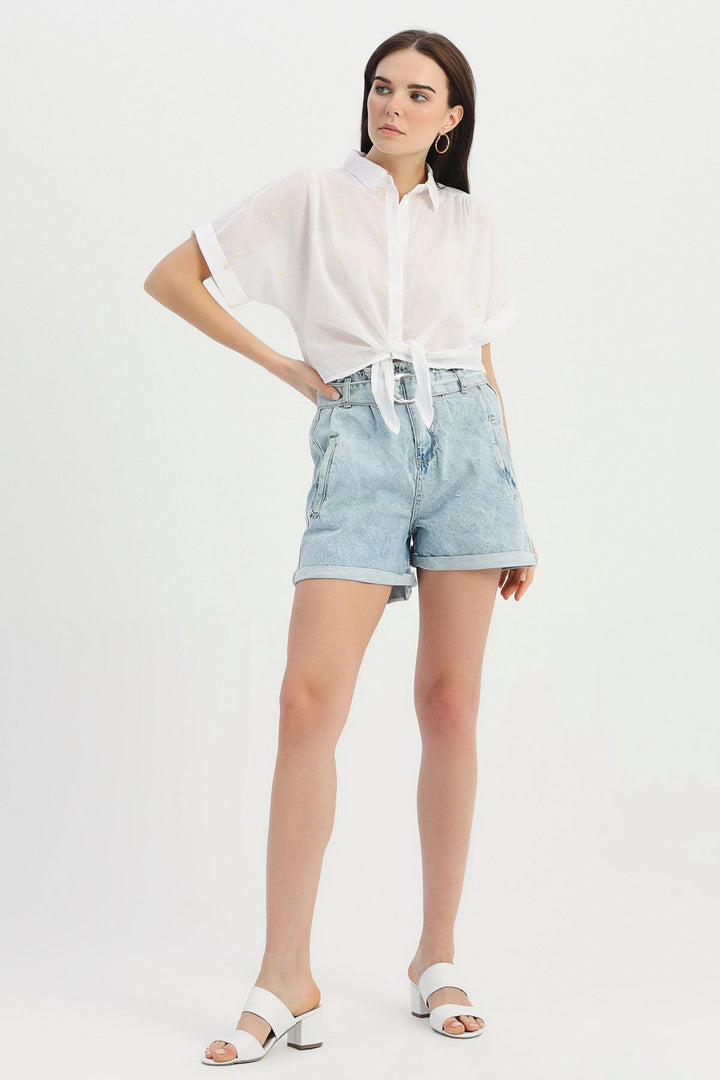 Belted High Waist Denim Shorts Ice Blue
