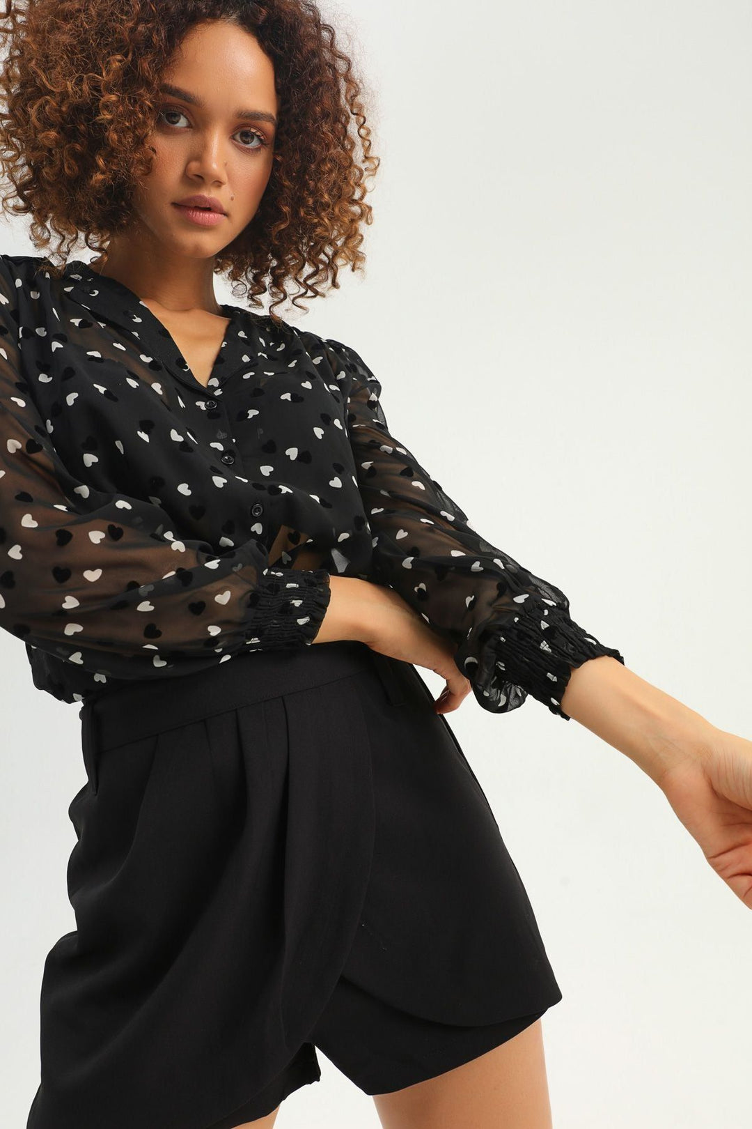 Heart Patterned Chiffon Shirt Black