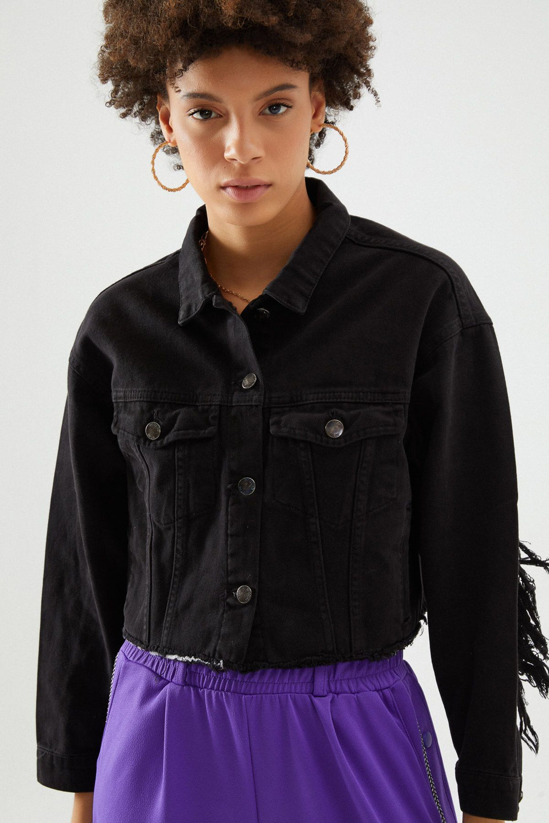 Kolları Püskül Detaylı Kot Ceket Siyah