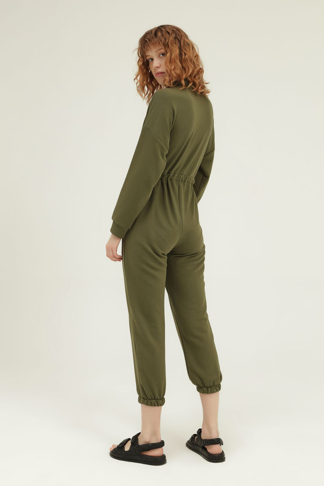Pleated Waist Shirt Collar Jumpsuit Khaki